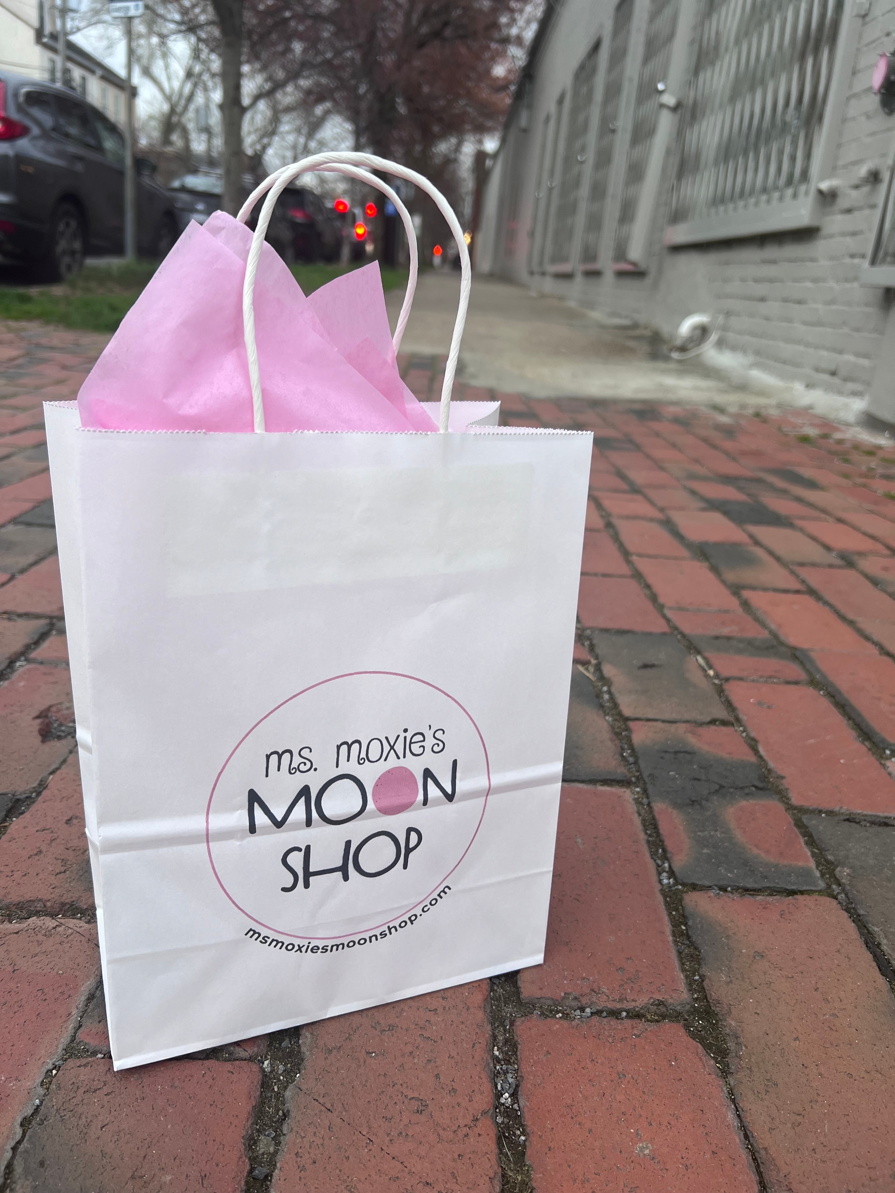 Ms. Moxie's Moon Shop branded bag with pink tissue paper on a brick sidewalk
